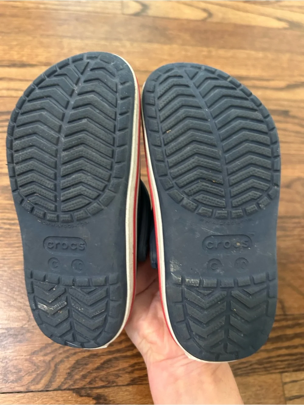 CROCS Kids SIZE 10 Navy Slip-On Clogs with Red Trim and Farm Charms